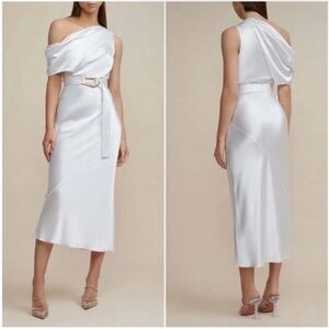 Acler Boise Satin Asymmetrical One Shoulder Midi Dress White NWT